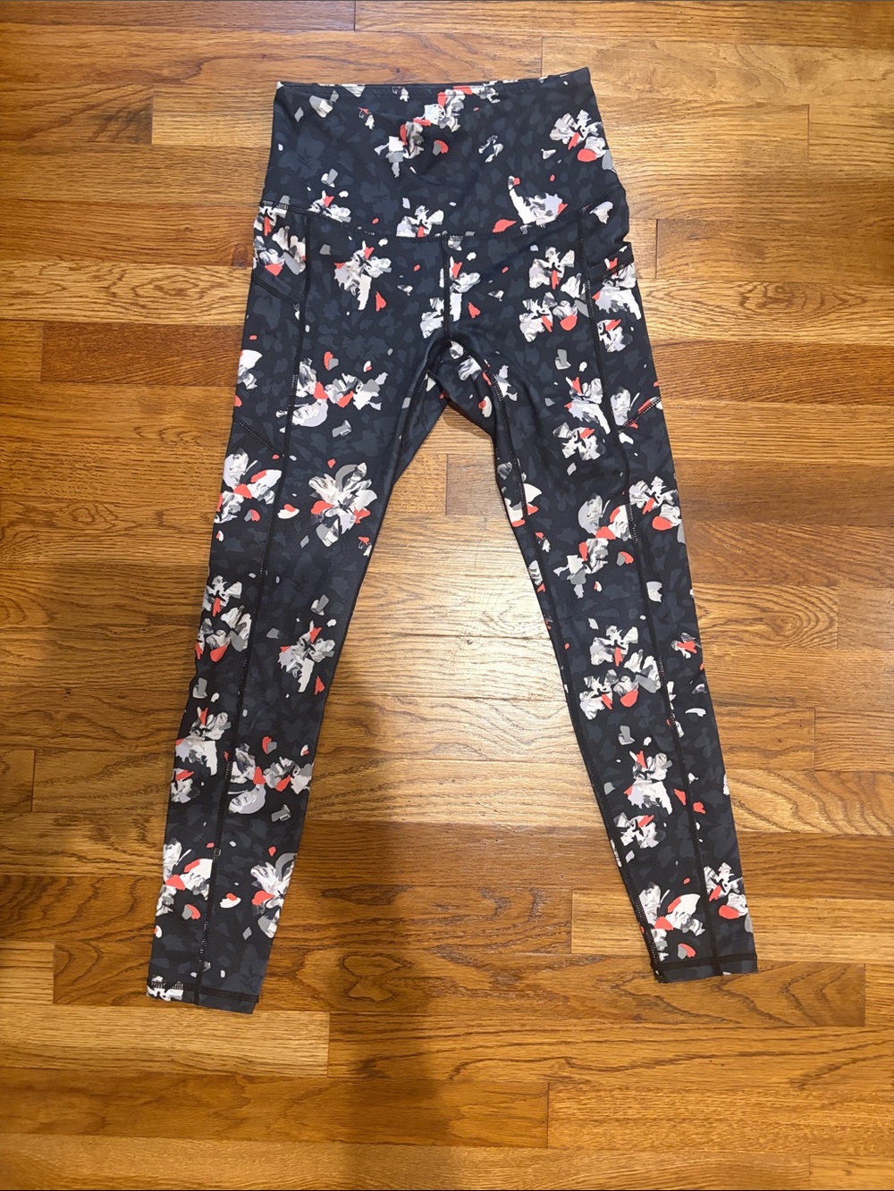 GAIAM Black Floral Print Girls' Active Leggings with Red & White Accents